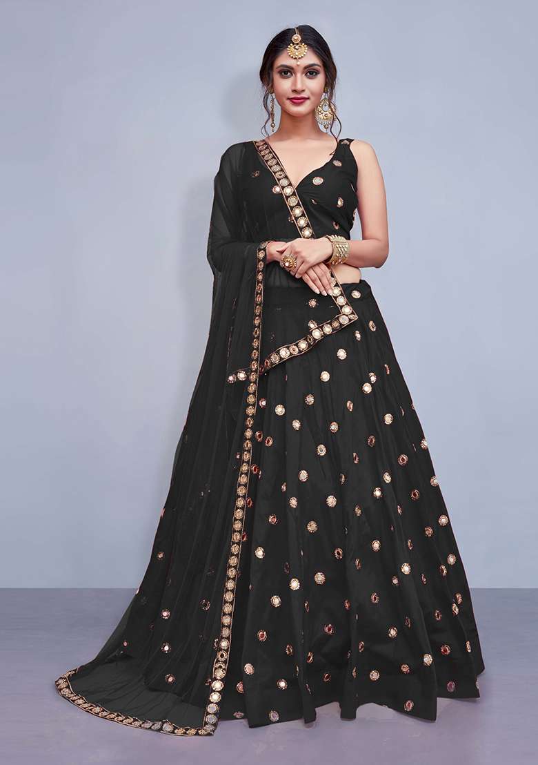 Black Embellished Taffeta Silk Blend Lehenga Set for Diwali | Wedding & Festive Wear - Indya