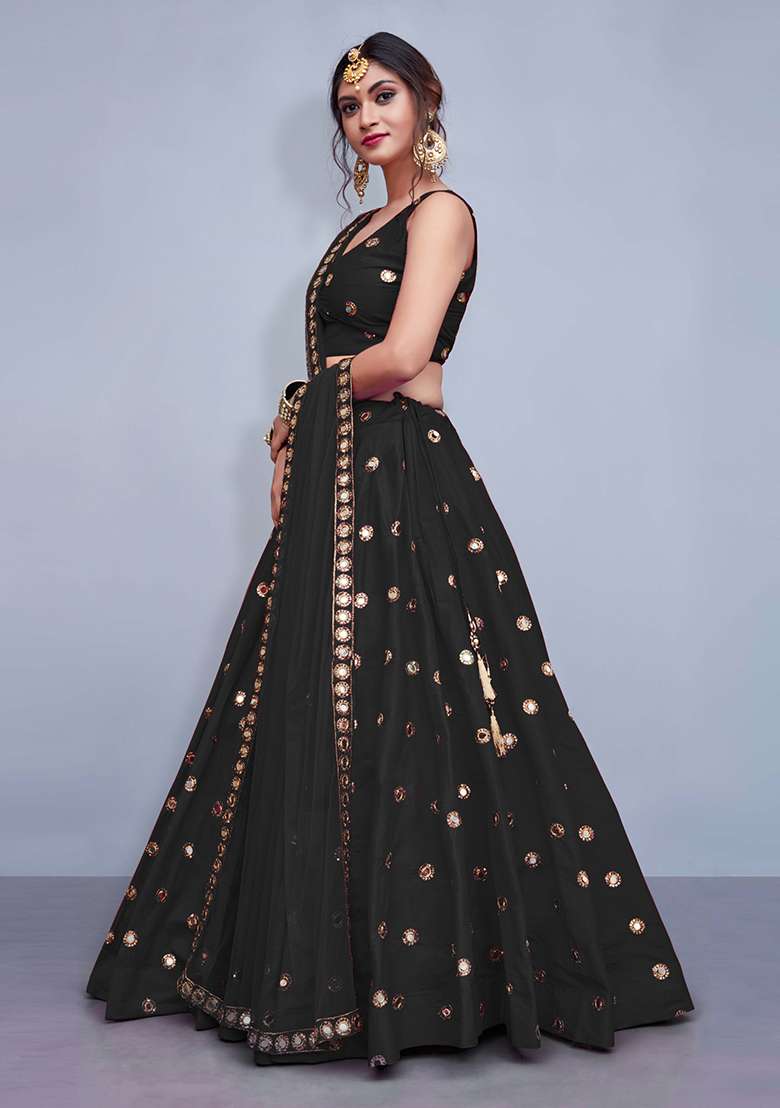 Black Embellished Taffeta Silk Blend Lehenga Set for Diwali | Wedding & Festive Wear - Indya