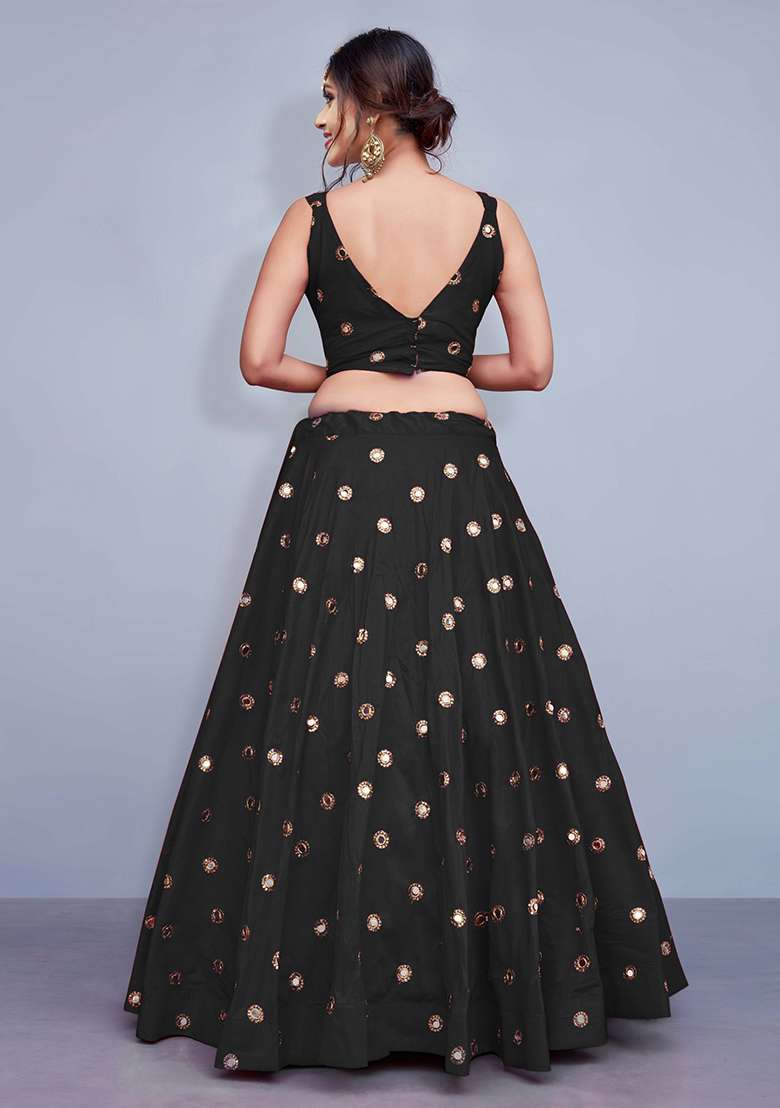 Black Embellished Taffeta Silk Blend Lehenga Set for Diwali | Wedding & Festive Wear - Indya