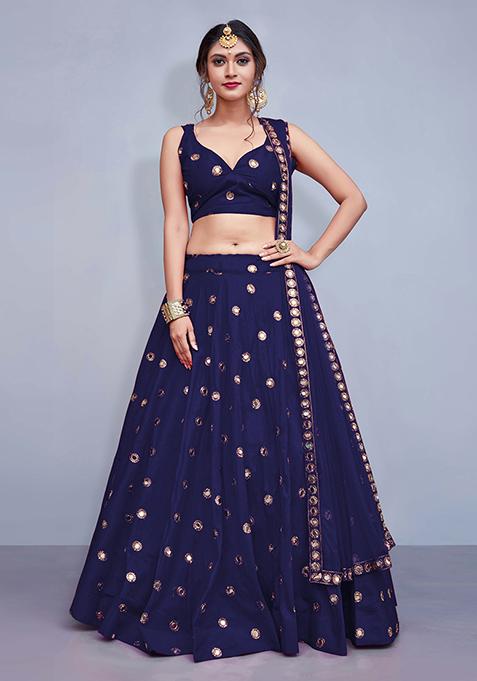 Navy Blue Embellished Taffeta Silk Lehenga Set