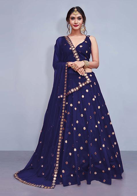 Navy Blue Embellished Taffeta Silk Lehenga Set
