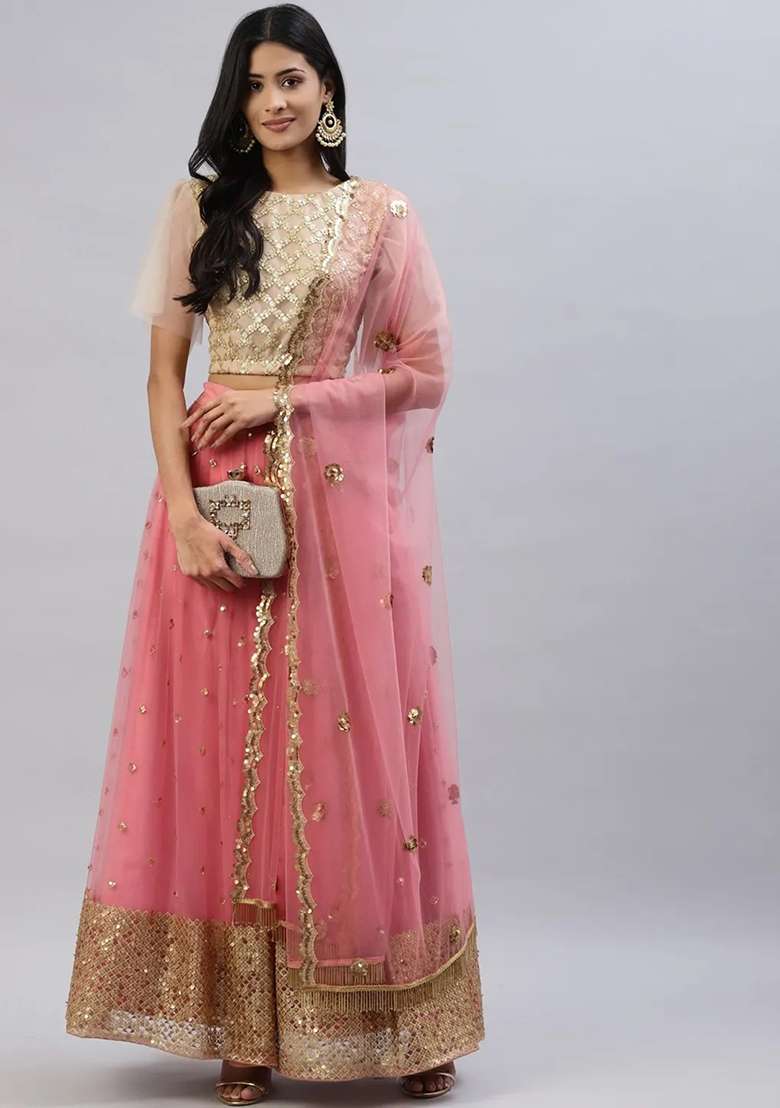 Pink Net Lehenga Set with Embroidered for Diwali | Wedding & Festive Wear - Indya