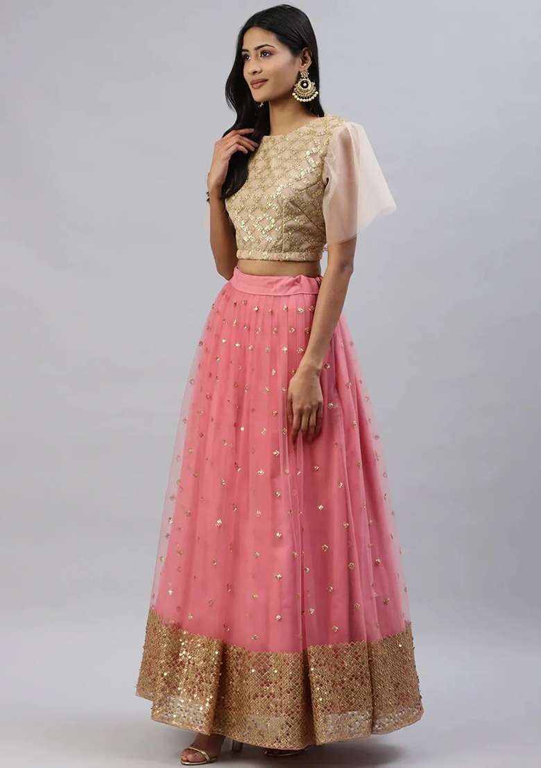 Pink Net Lehenga Set with Embroidered for Diwali | Wedding & Festive Wear - Indya