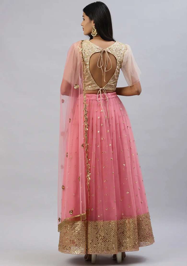 Pink Net Lehenga Set with Embroidered for Diwali | Wedding & Festive Wear - Indya