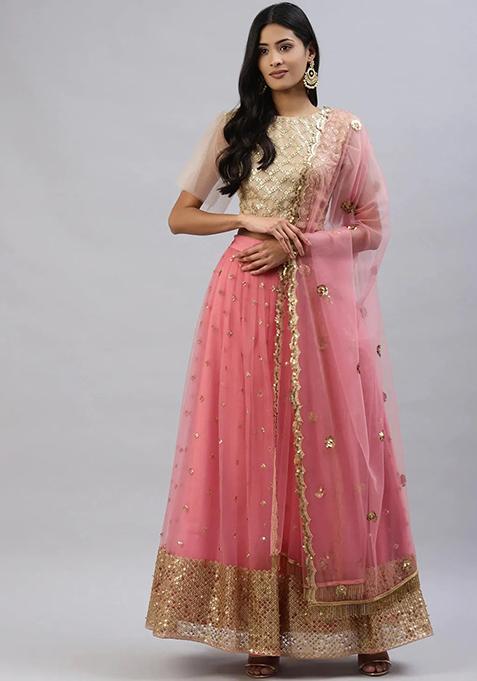 Pink Embroidered Net Lehenga Set