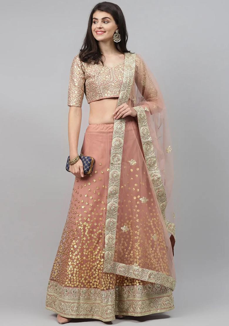 Brown Embroidered Net Lehenga Set - Indya