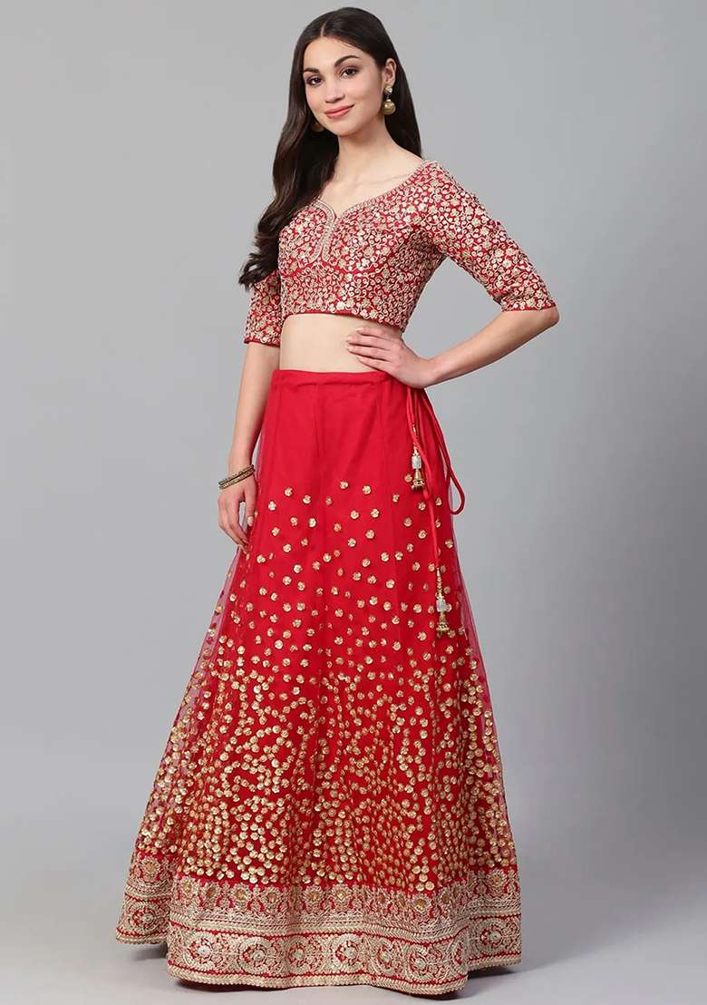Red Embroidered Net Lehenga Set for Diwali and Festive Wear - Indya