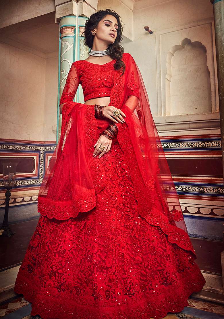 Red Embroidered Net Lehenga Set for Diwali and Festive Wear - Indya