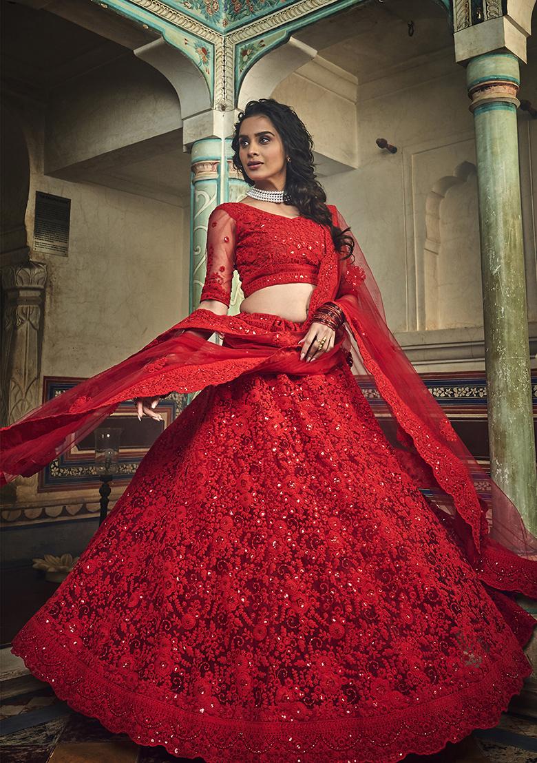 Red Embroidered Net Lehenga Set