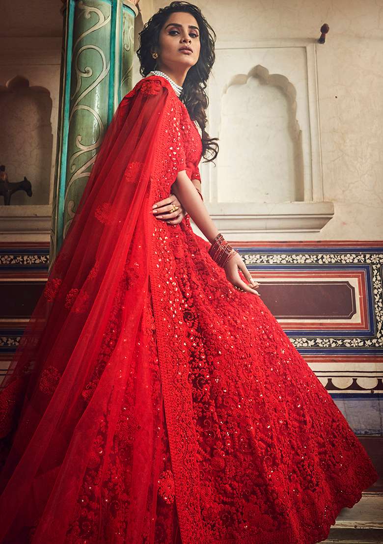 Red Embroidered Net Lehenga Set for Diwali and Festive Wear - Indya