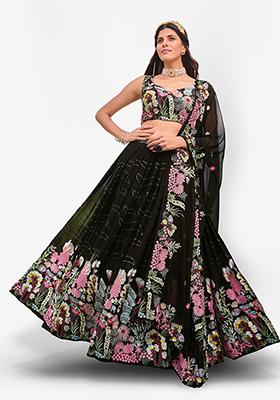 Black Thread Embroidered Faux Georgette Lehenga Set