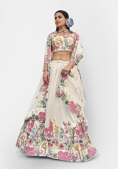 White Thread Embroidered Faux Georgette Lehenga Set