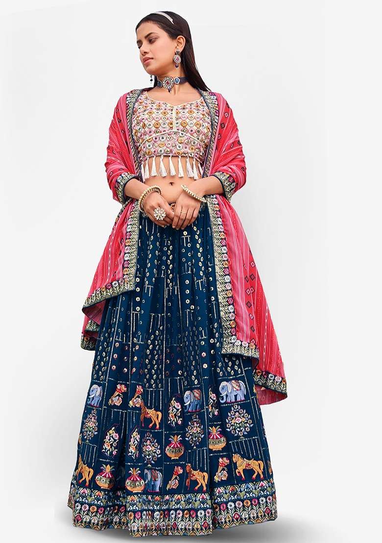 Blue Thread Faux Georgette Lehenga Set with Embroidered for Diwali | Wedding & Festive Wear - Indya