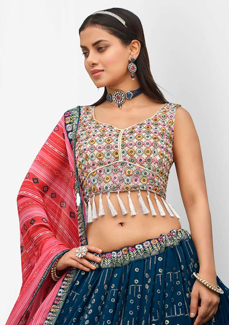 Blue Thread Faux Georgette Lehenga Set with Embroidered for Diwali | Wedding & Festive Wear - Indya