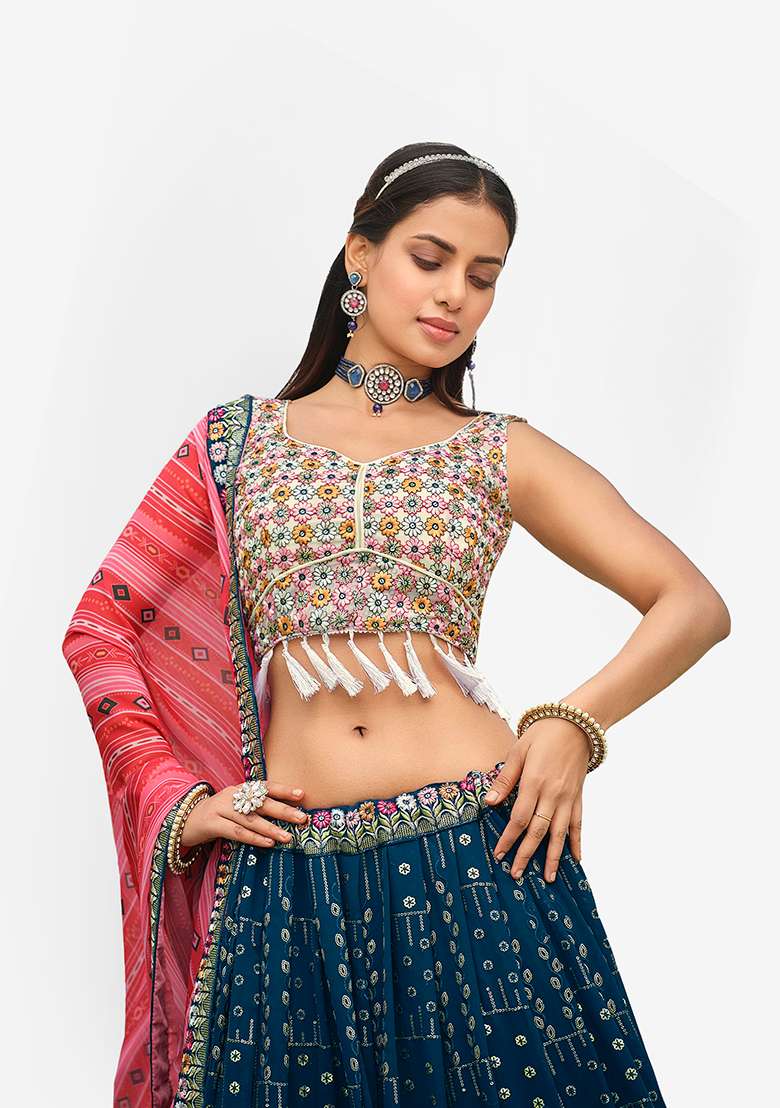 Blue Thread Faux Georgette Lehenga Set with Embroidered for Diwali | Wedding & Festive Wear - Indya
