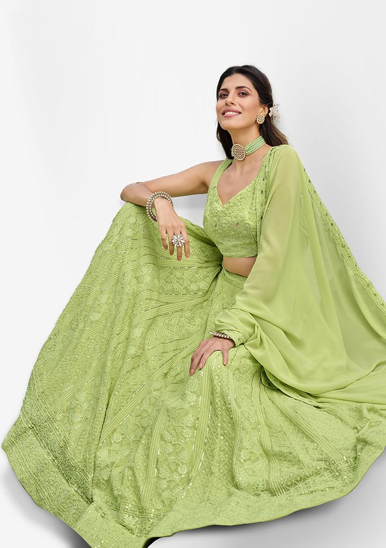 Light Green Thread Embroidered Faux Georgette Lehenga Set