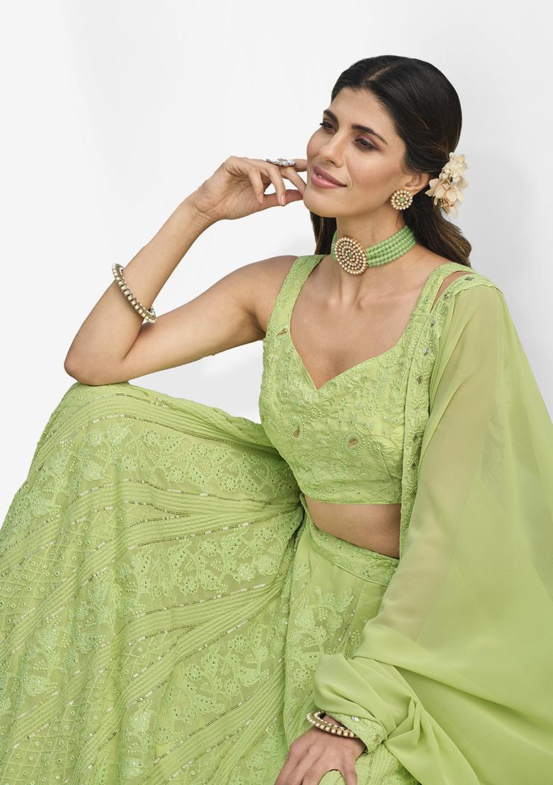 Light Green Thread Embroidered Faux Georgette Lehenga Set