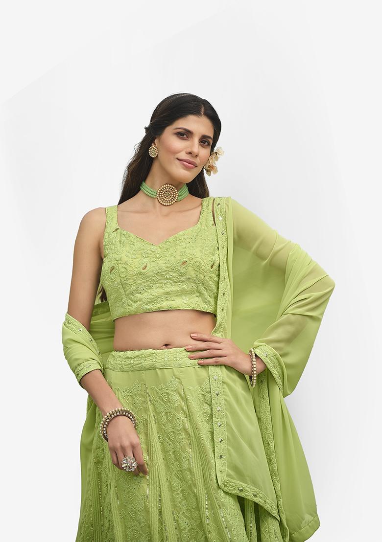 Light Green Thread Embroidered Faux Georgette Lehenga Set