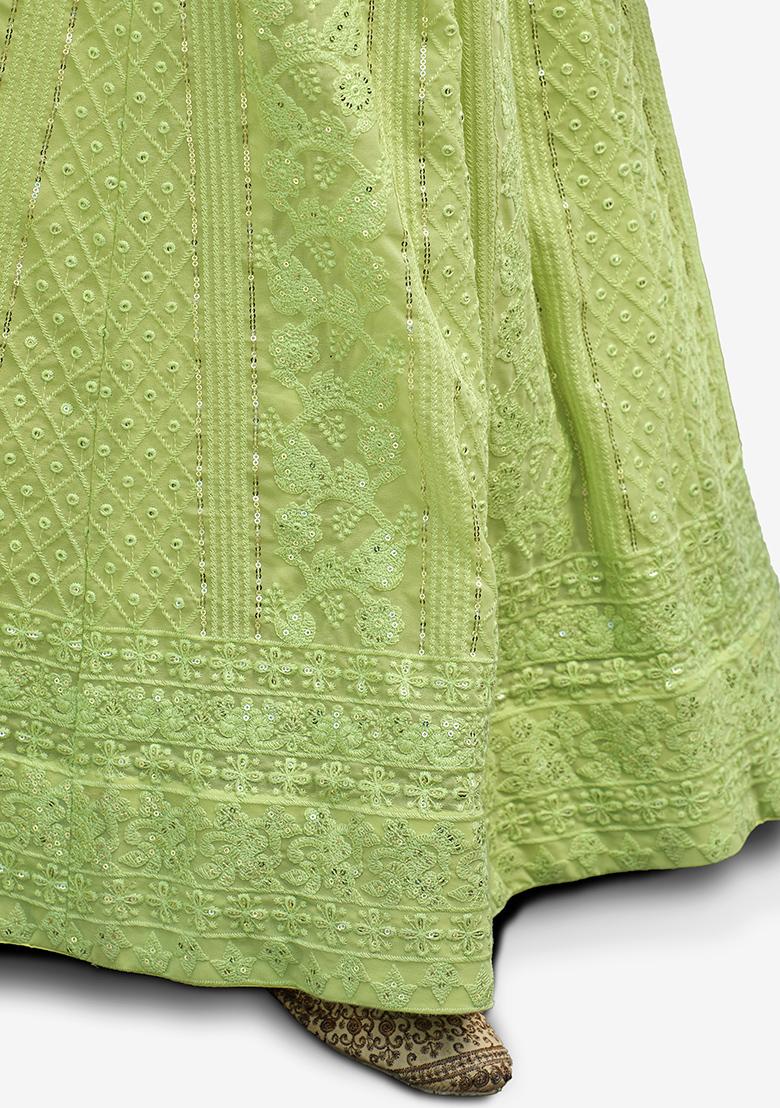 Light Green Thread Embroidered Faux Georgette Lehenga Set