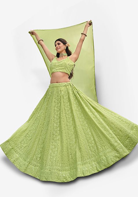 Light Green Thread Embroidered Faux Georgette Lehenga Set