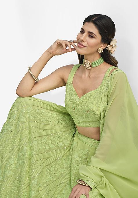 Light Green Thread Embroidered Faux Georgette Lehenga Set