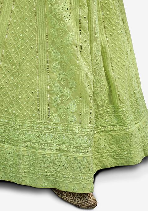 Light Green Thread Embroidered Faux Georgette Lehenga Set