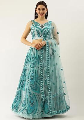Sky Blue Thread Embroidered Net Lehenga Set