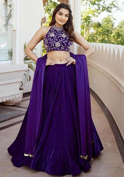 Purple Thread Embroidered Velvet Lehenga Set