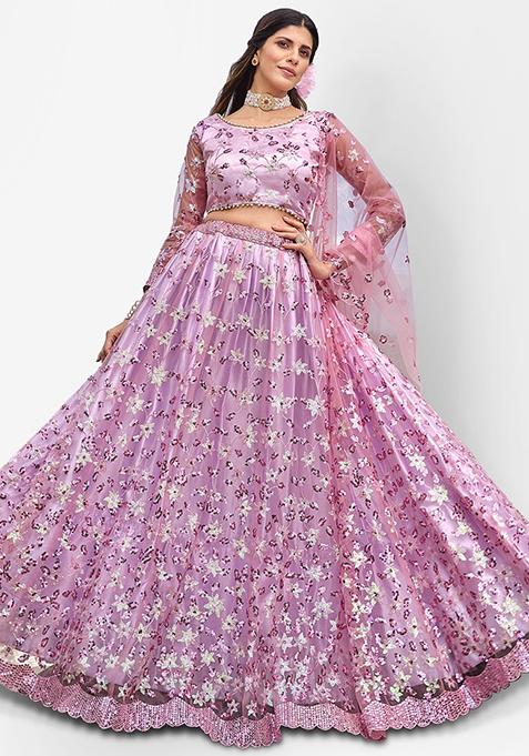 Lavender Pink Thread Embroidered Net Lehenga Set