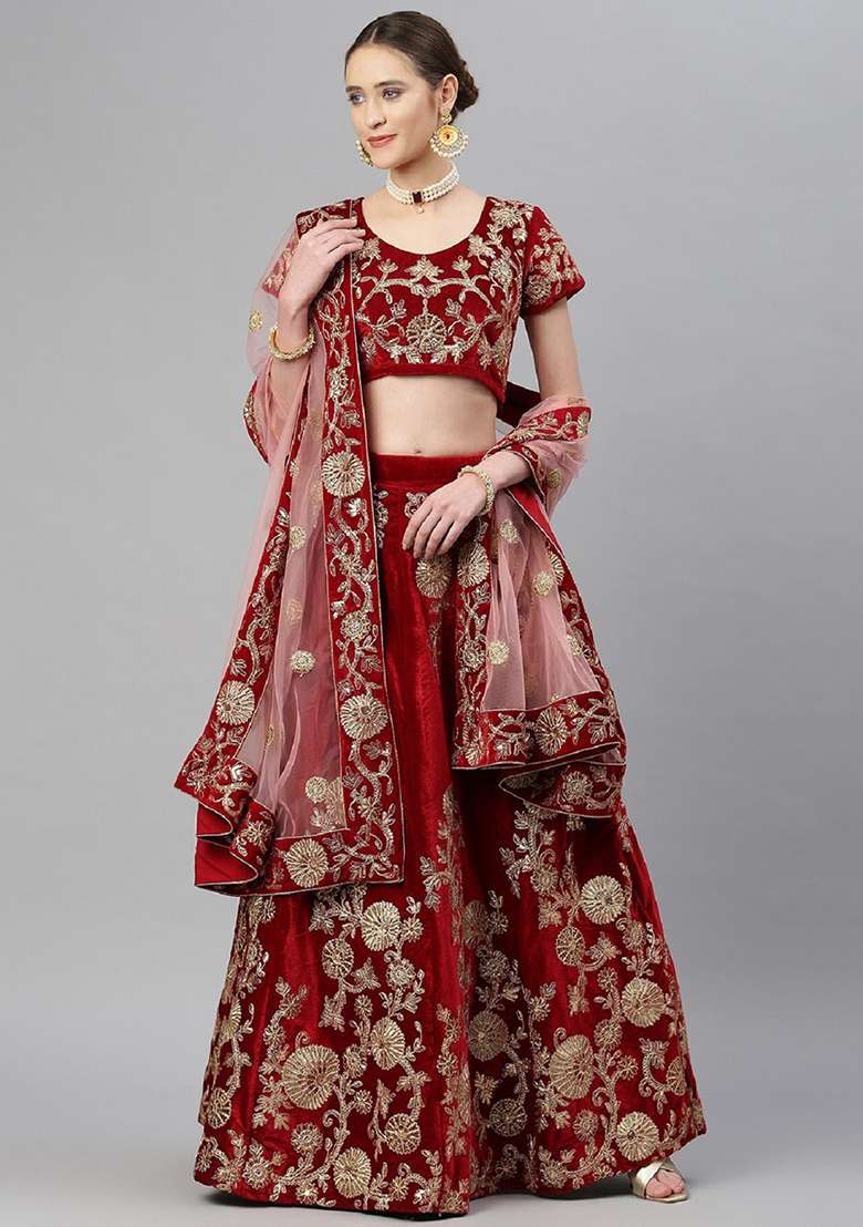 Maroon Thread Velvet Lehenga Set with Embroidered for Diwali | Wedding & Festive Wear - Indya