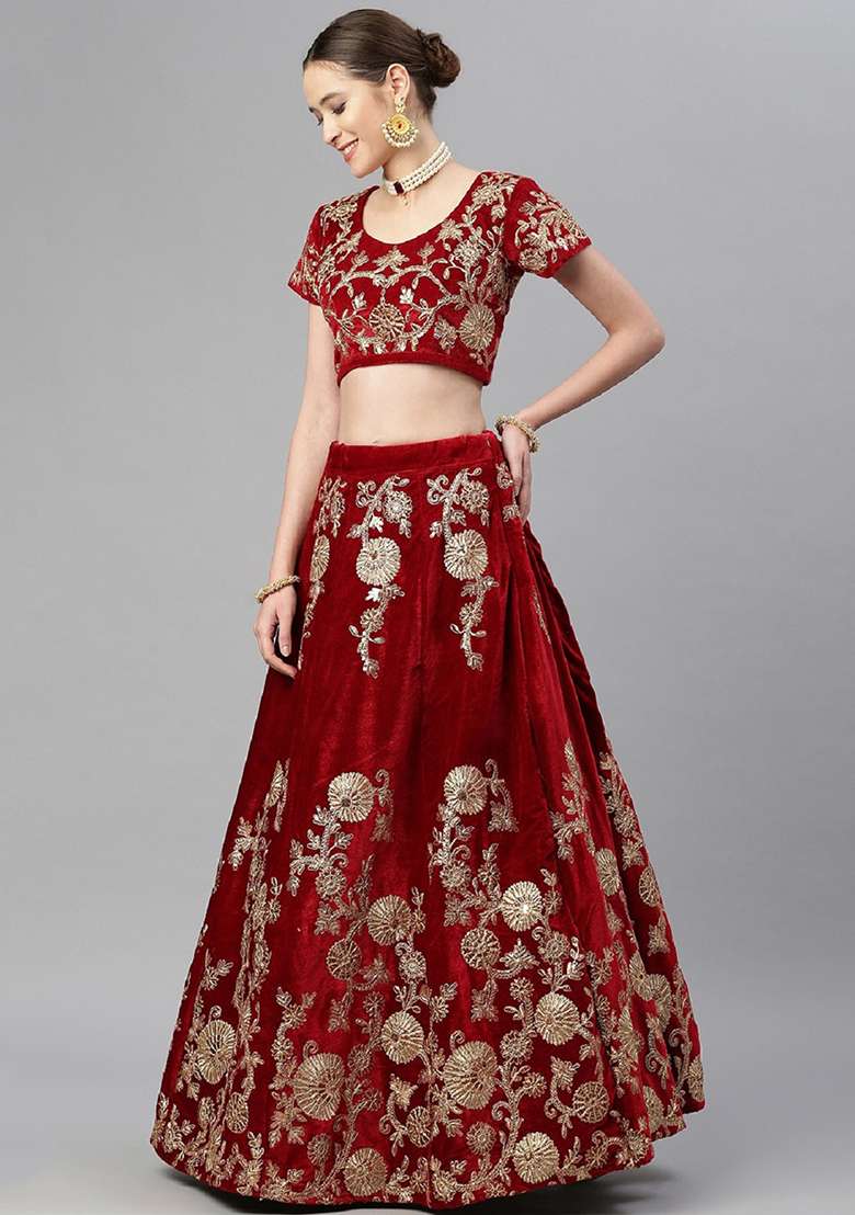 Maroon Thread Velvet Lehenga Set with Embroidered for Diwali | Wedding & Festive Wear - Indya