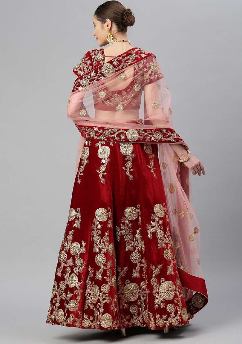 Maroon Thread Velvet Lehenga Set with Embroidered for Diwali | Wedding & Festive Wear - Indya