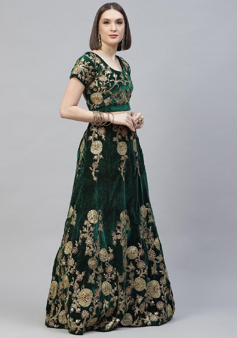 Green Thread Embroidered Velvet Lehenga Set - Indya
