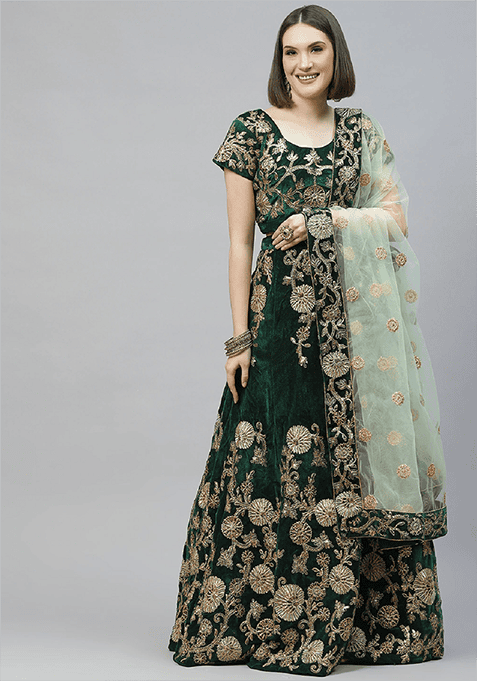 Green Thread Embroidered Velvet Lehenga Set