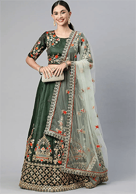 Green Thread Embroidered Taffeta Silk Lehenga Set