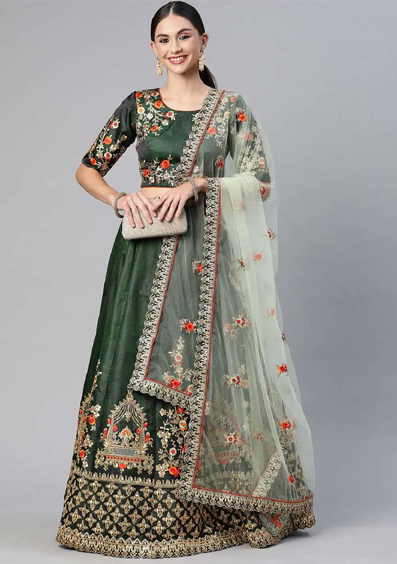 Green Thread Embroidered Taffeta Silk Blend Lehenga Set for Diwali and Festive Wear - Indya