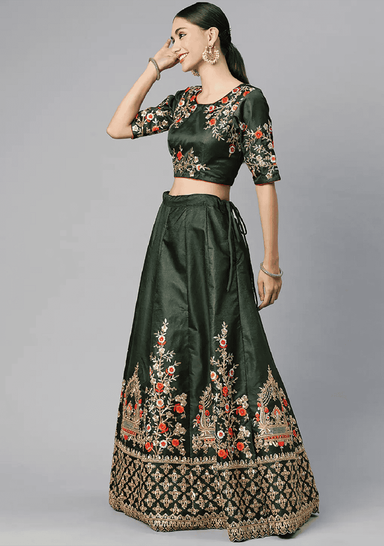 Green Thread Embroidered Taffeta Silk Blend Lehenga Set for Diwali and Festive Wear - Indya