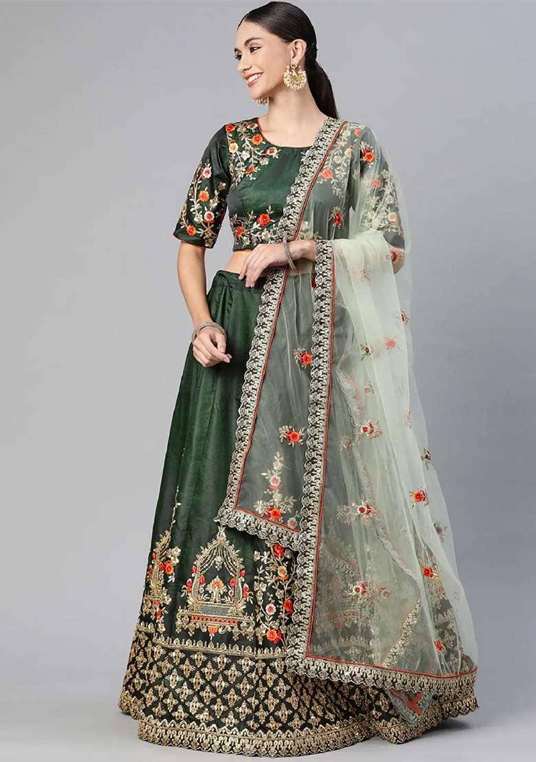 Green Thread Embroidered Taffeta Silk Blend Lehenga Set for Diwali and Festive Wear - Indya