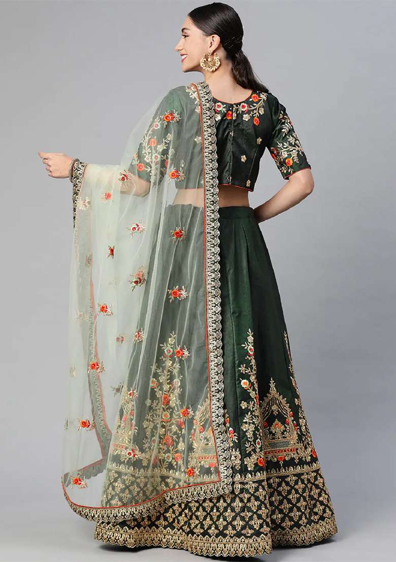Green Thread Embroidered Taffeta Silk Blend Lehenga Set for Diwali and Festive Wear - Indya