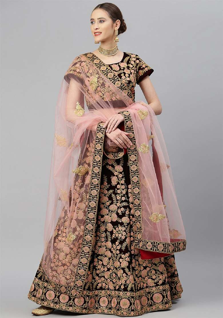 Maroon Thread Velvet Lehenga Set with Embroidered for Diwali | Wedding & Festive Wear - Indya