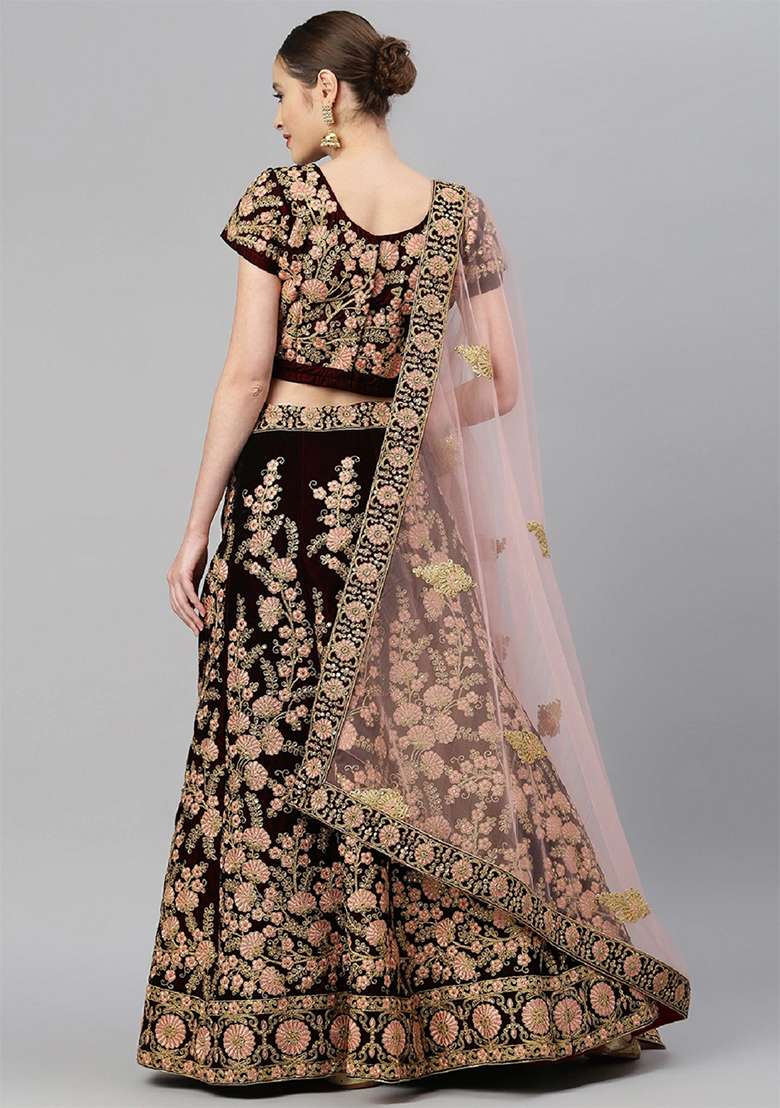 Maroon Thread Velvet Lehenga Set with Embroidered for Diwali | Wedding & Festive Wear - Indya