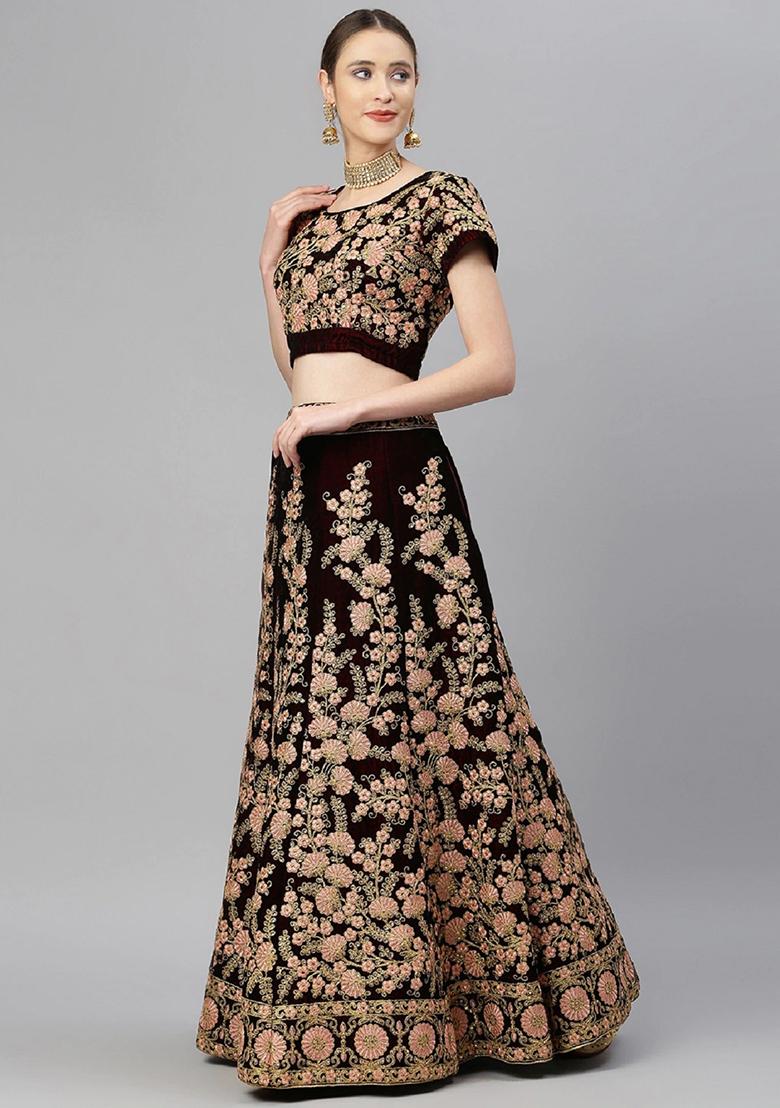 Maroon Thread Embroidered Velvet Lehenga Set - Indya