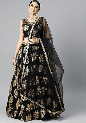 Black Embroidered Net Lehenga Set