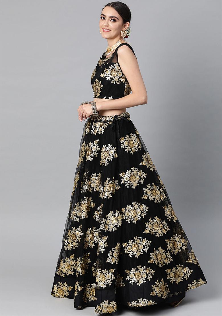 Black Embroidered Net Lehenga Set - Indya