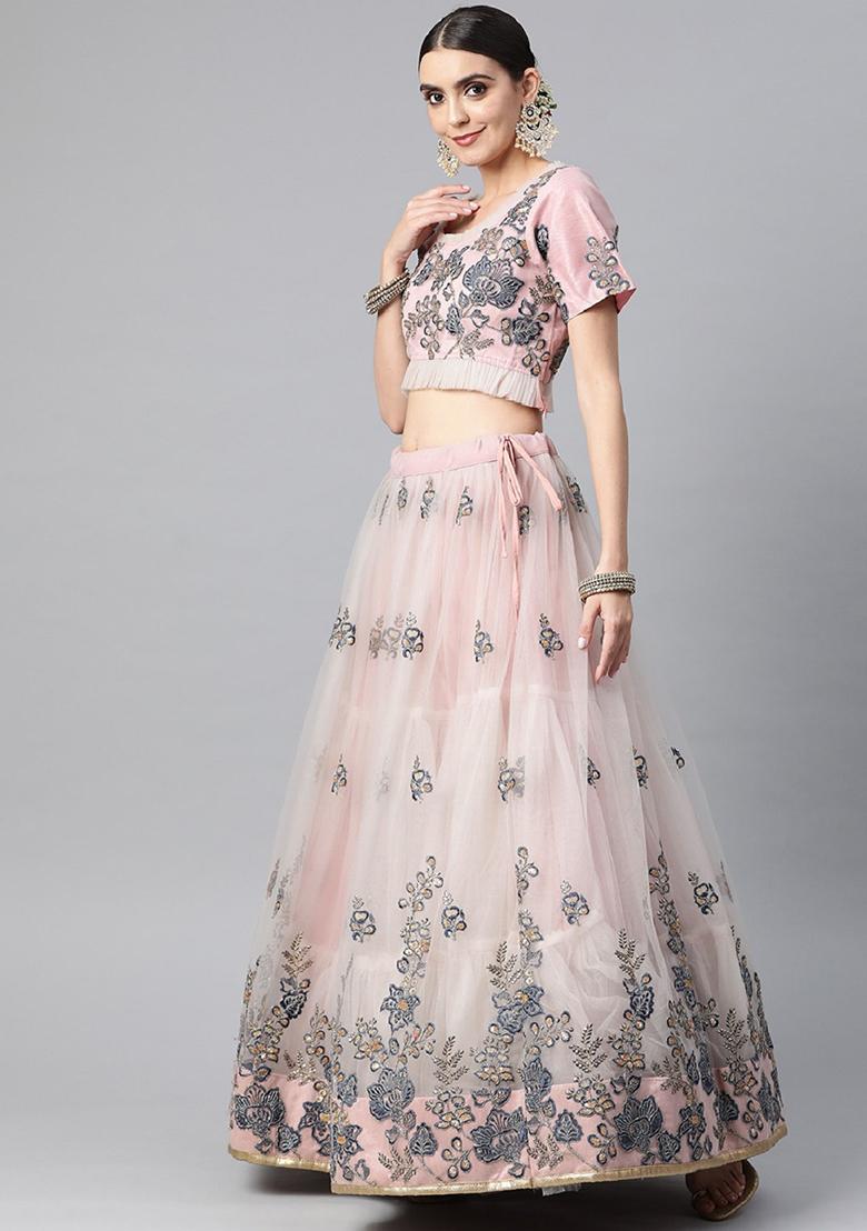 Peach Thread Embroidered Net Lehenga Set