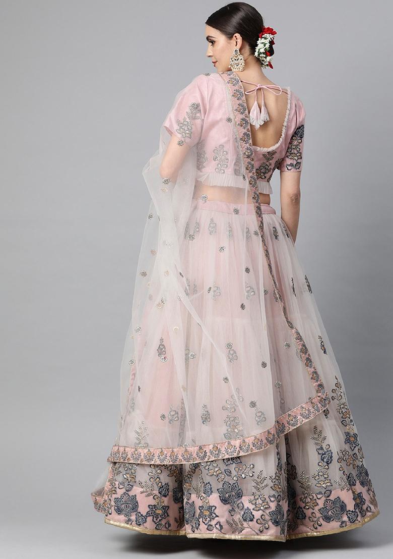 Peach Thread Embroidered Net Lehenga Set