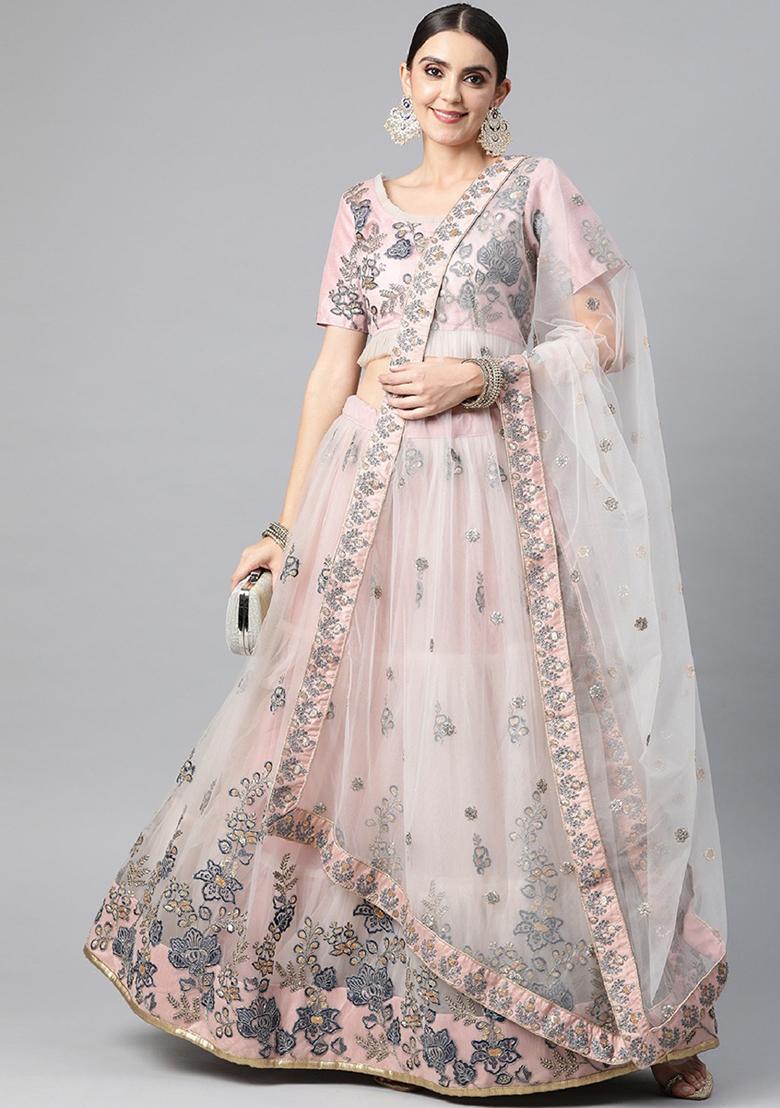 Peach Thread Embroidered Net Lehenga Set