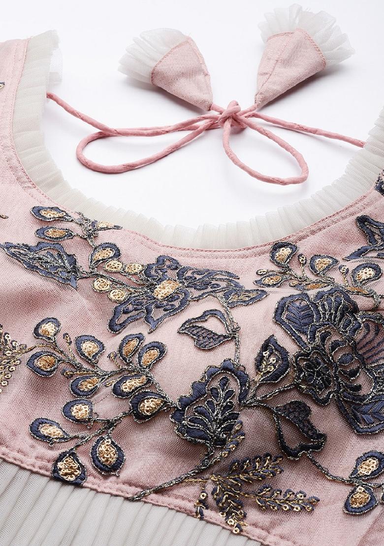 Peach Thread Embroidered Net Lehenga Set