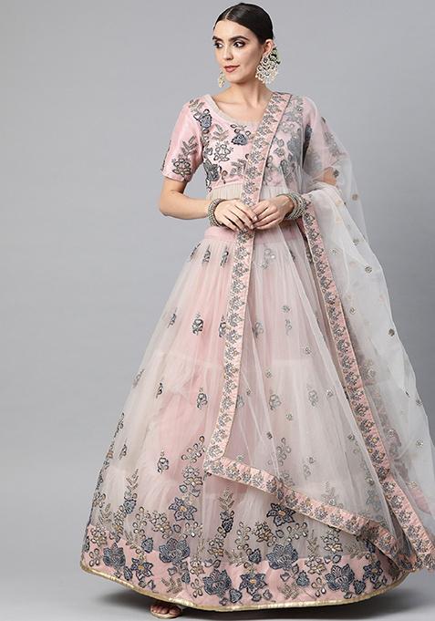 Peach Thread Embroidered Net Lehenga Set