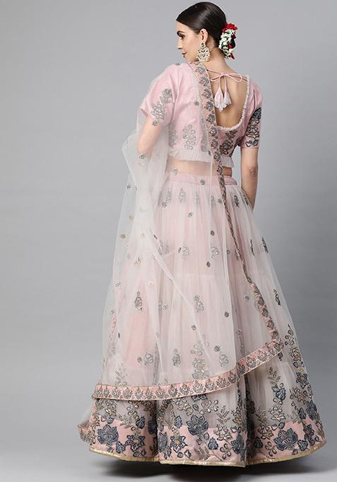 Peach Thread Embroidered Net Lehenga Set